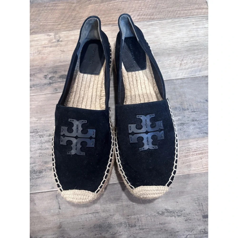 Tory Burch Ines Black Suede Logo Espadrille Flat Preppy Coastal Old Money 11